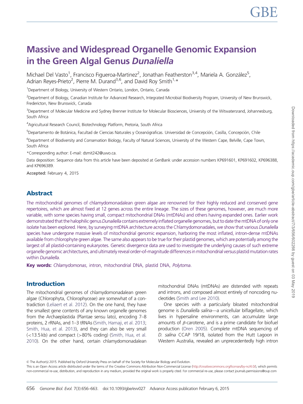 Massive and Widespread Organelle Genomic Expansion in the Green Algal Genus Dunaliella