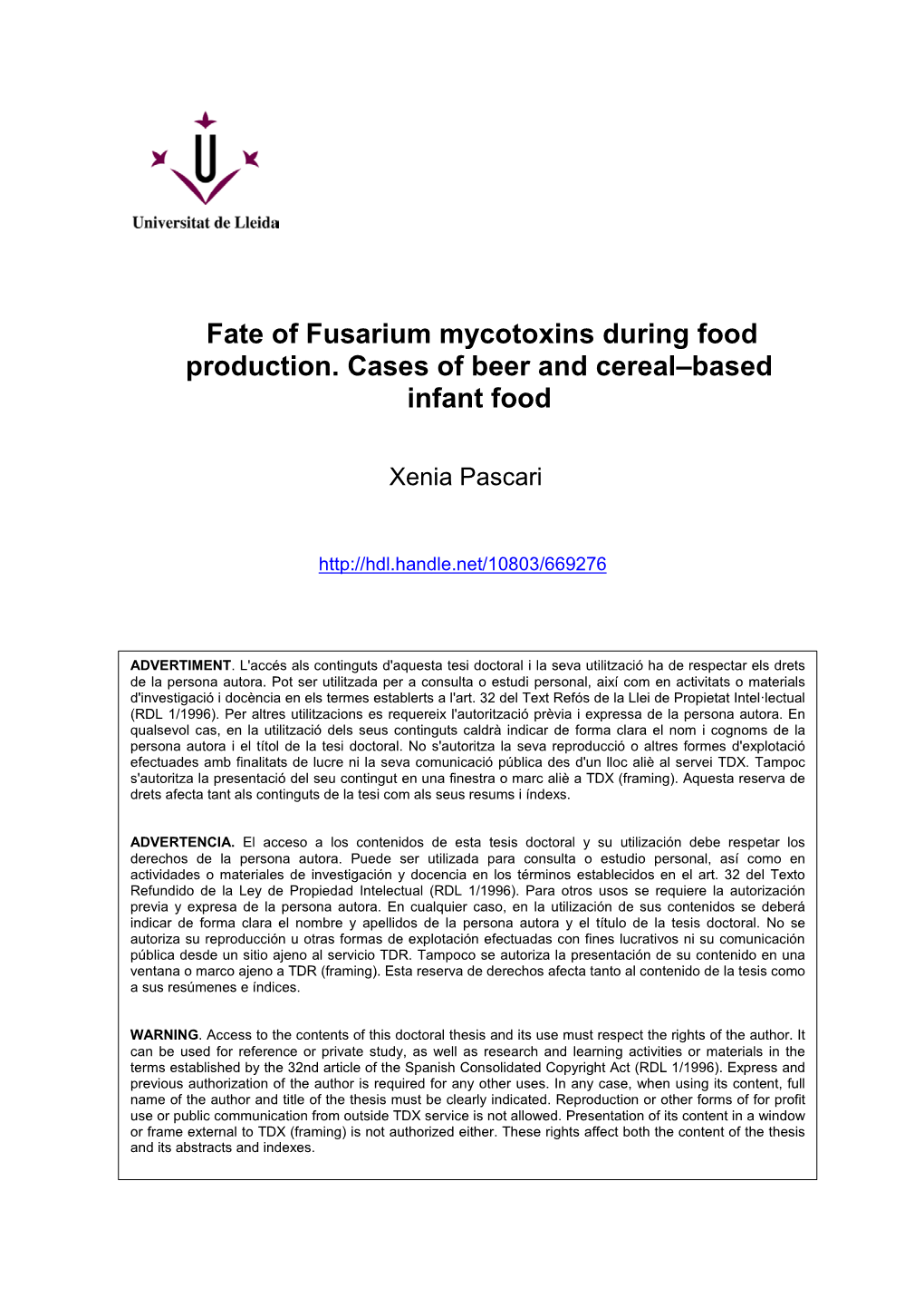 Fate of Fusarium Mycotoxins During Food Production. Cases of Beer and Cereal–Based Infant Food