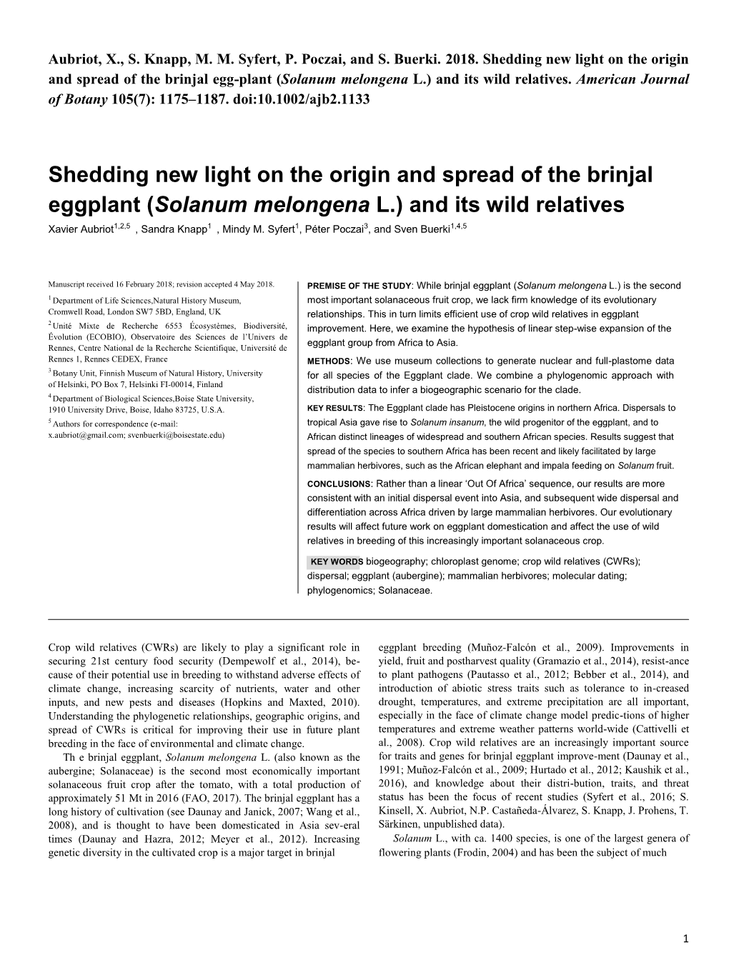 Shedding New Light on the Origin and Spread of the Brinjal Eggplant (Solanum Melongena L.) and Its Wild Relatives