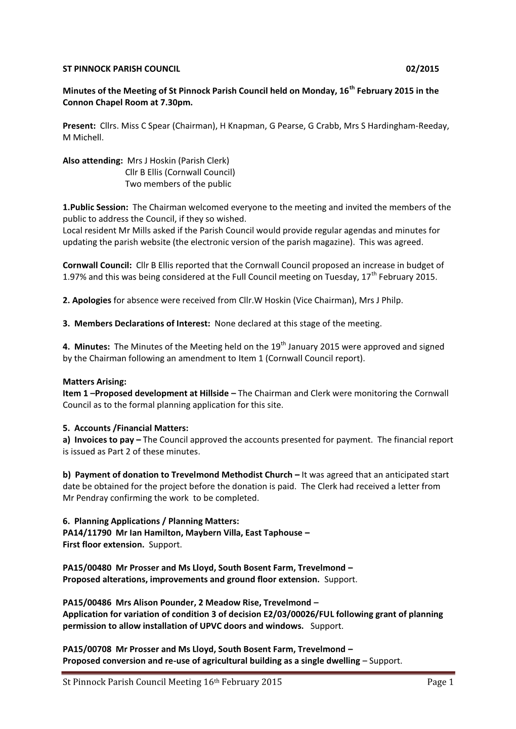 St Pinnock Parish Council Meeting 16Th February 2015 Page 1 ST