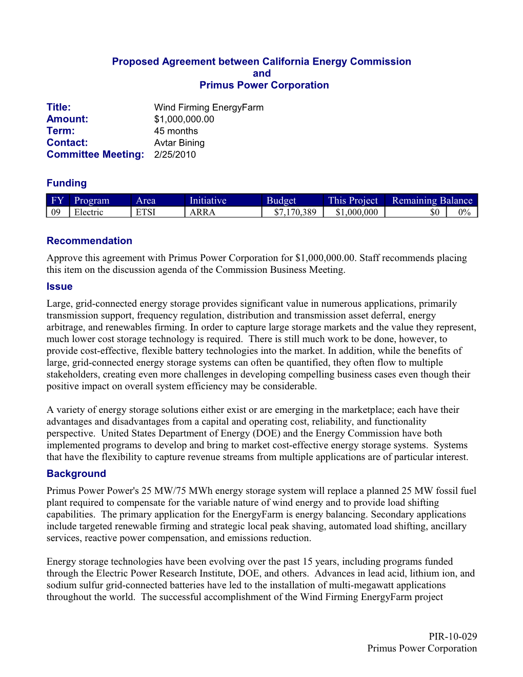 Agreement Between California Energy Commission