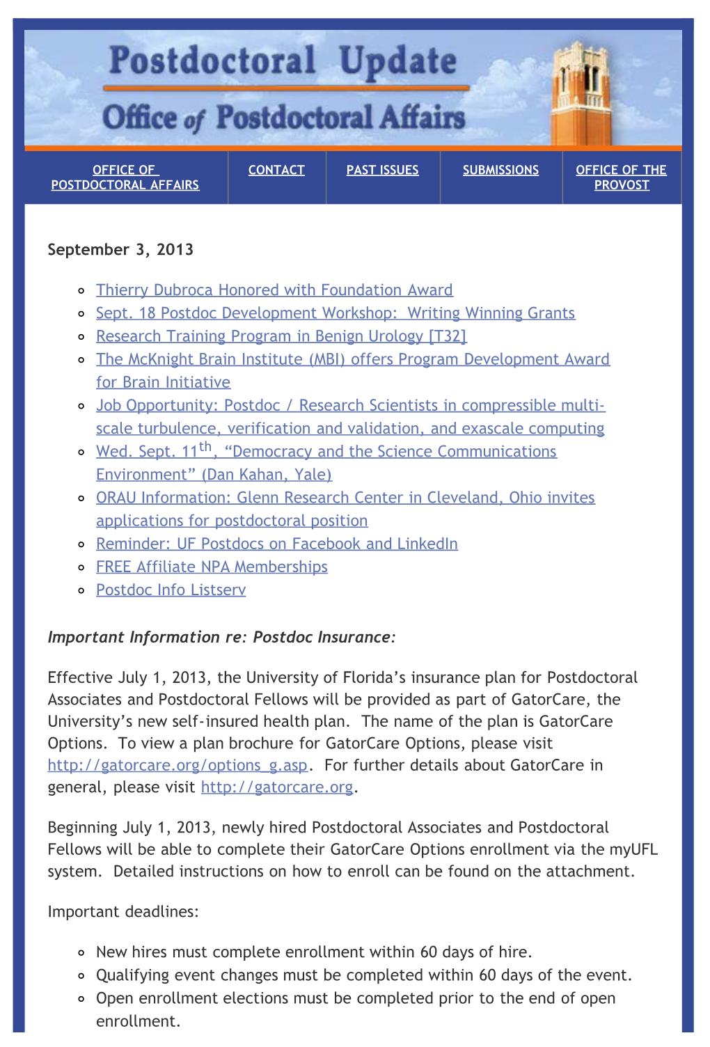 UF Postdoctoral Update: September 3, 2013 - Office of Postdoctoral Affairs