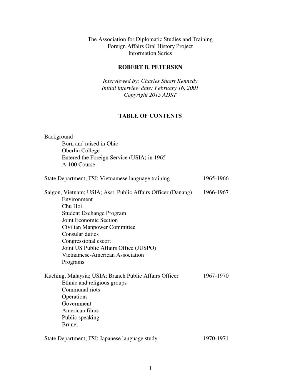 Association for Diplomatic Studies and Training Foreign Affairs Oral History Project Information Series