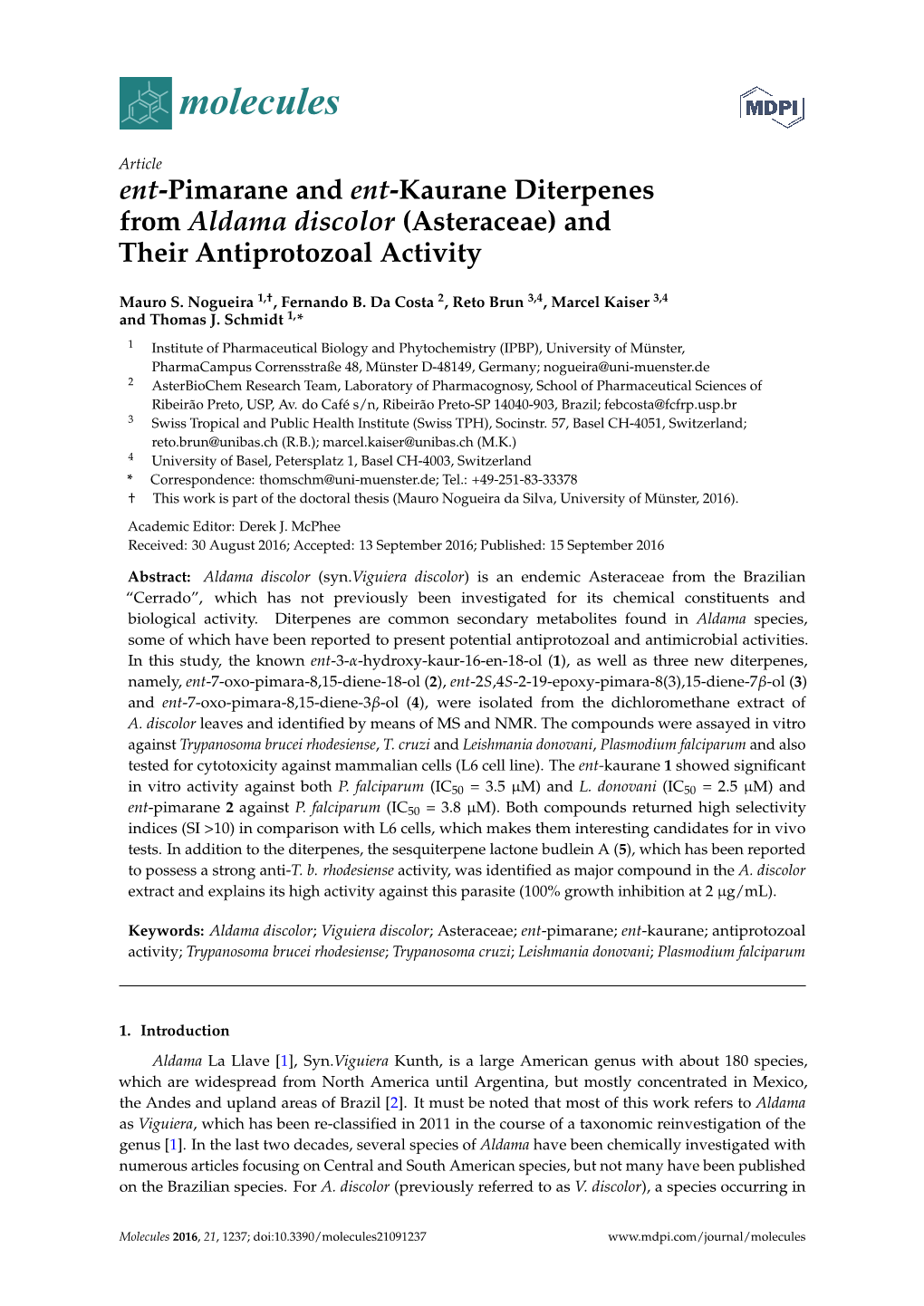 Ent-Pimarane and Ent-Kaurane Diterpenes from Aldama Discolor (Asteraceae) and Their Antiprotozoal Activity