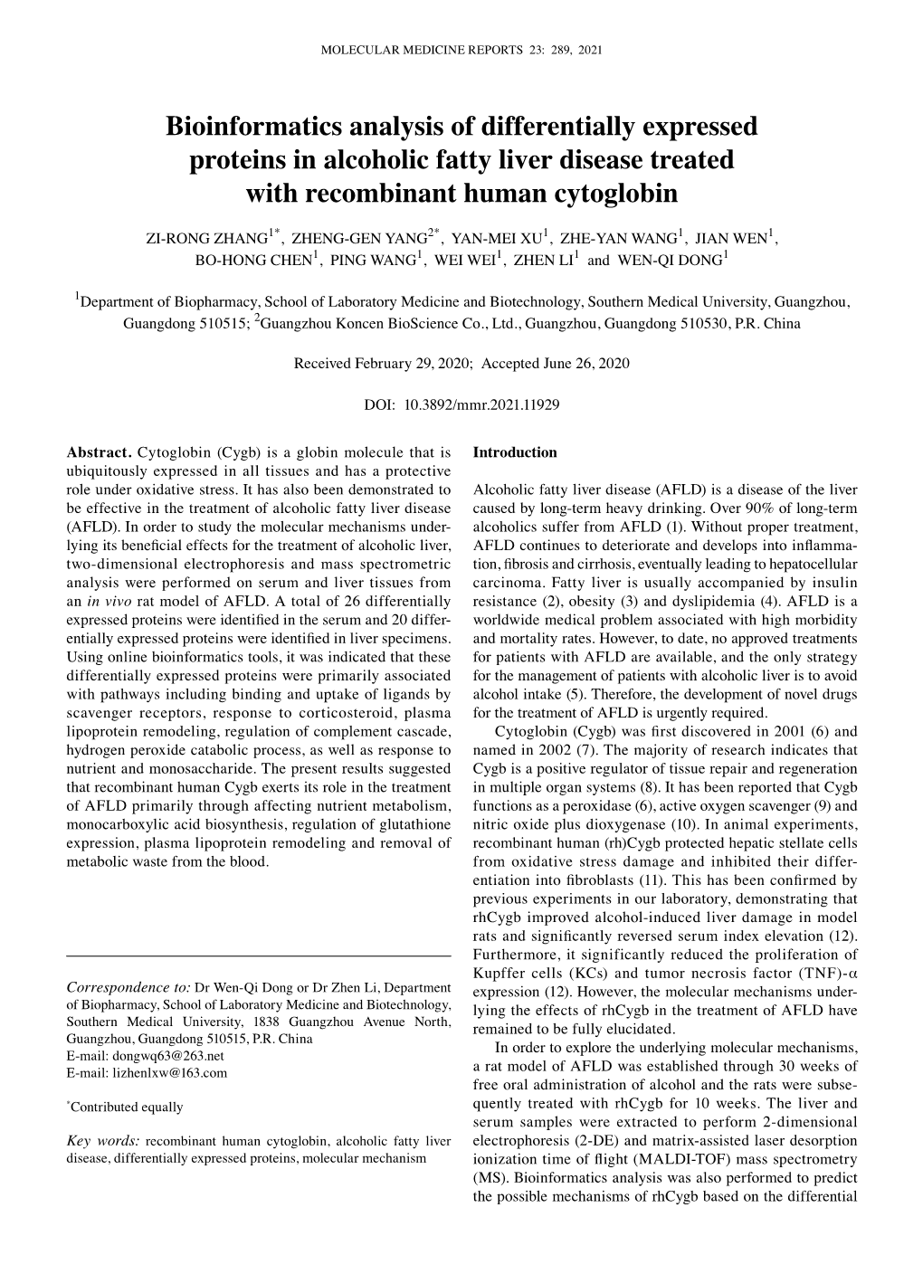 Bioinformatics Analysis of Differentially Expressed Proteins in Alcoholic Fatty Liver Disease Treated with Recombinant Human Cytoglobin