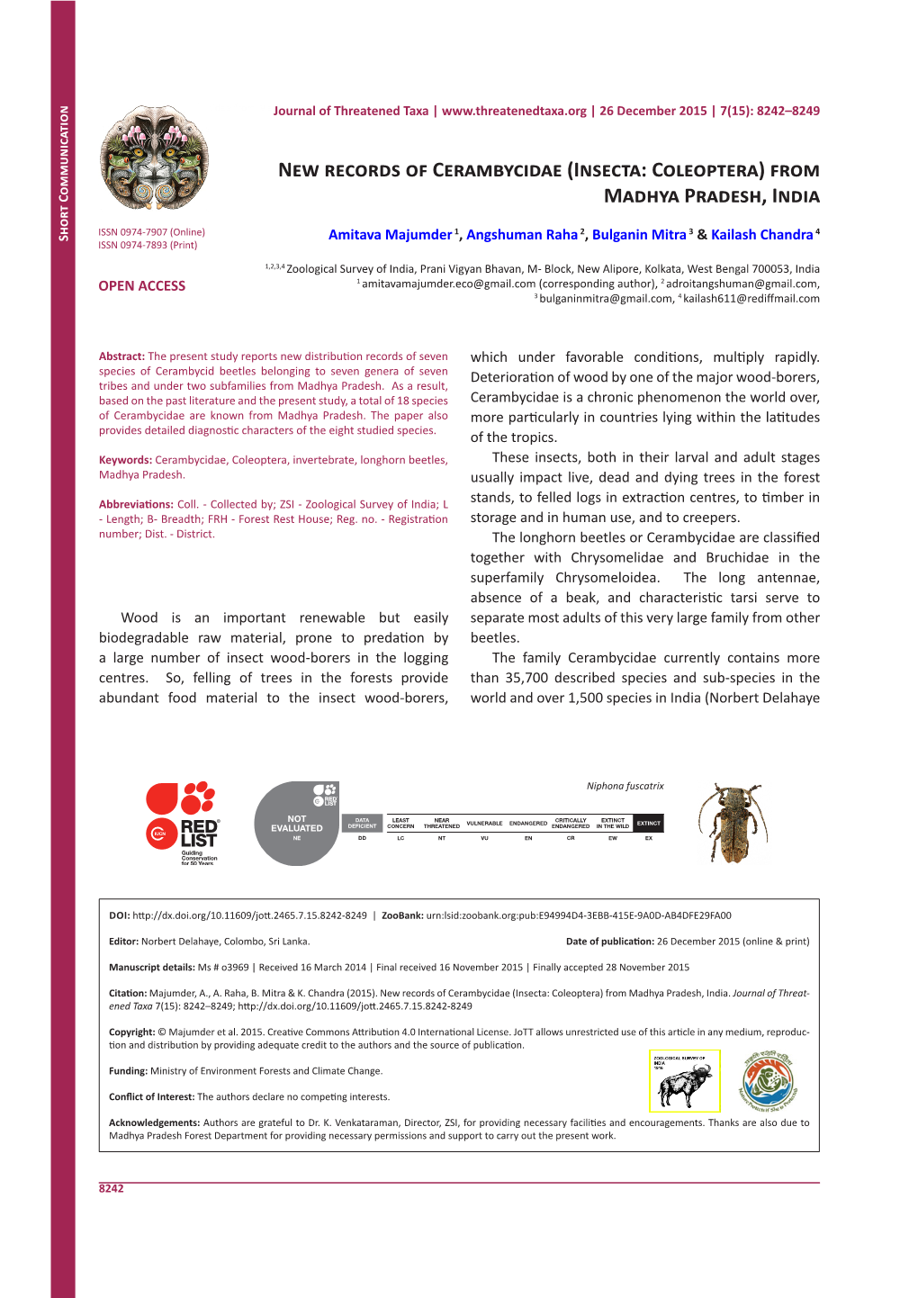 New Records of Cerambycidae (Insecta: Coleoptera) from Madhya Pradesh, India