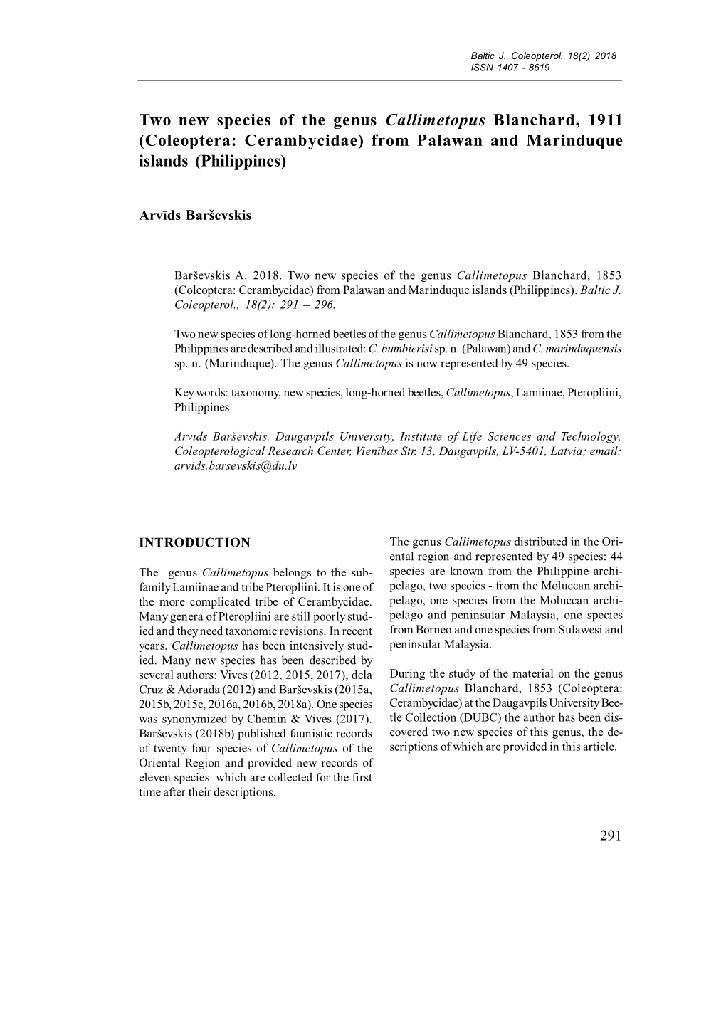 Two New Species of the Genus Callimetopus Blanchard, 1911 (Coleoptera: Cerambycidae) from Palawan and Marinduque Islands (Philippines)