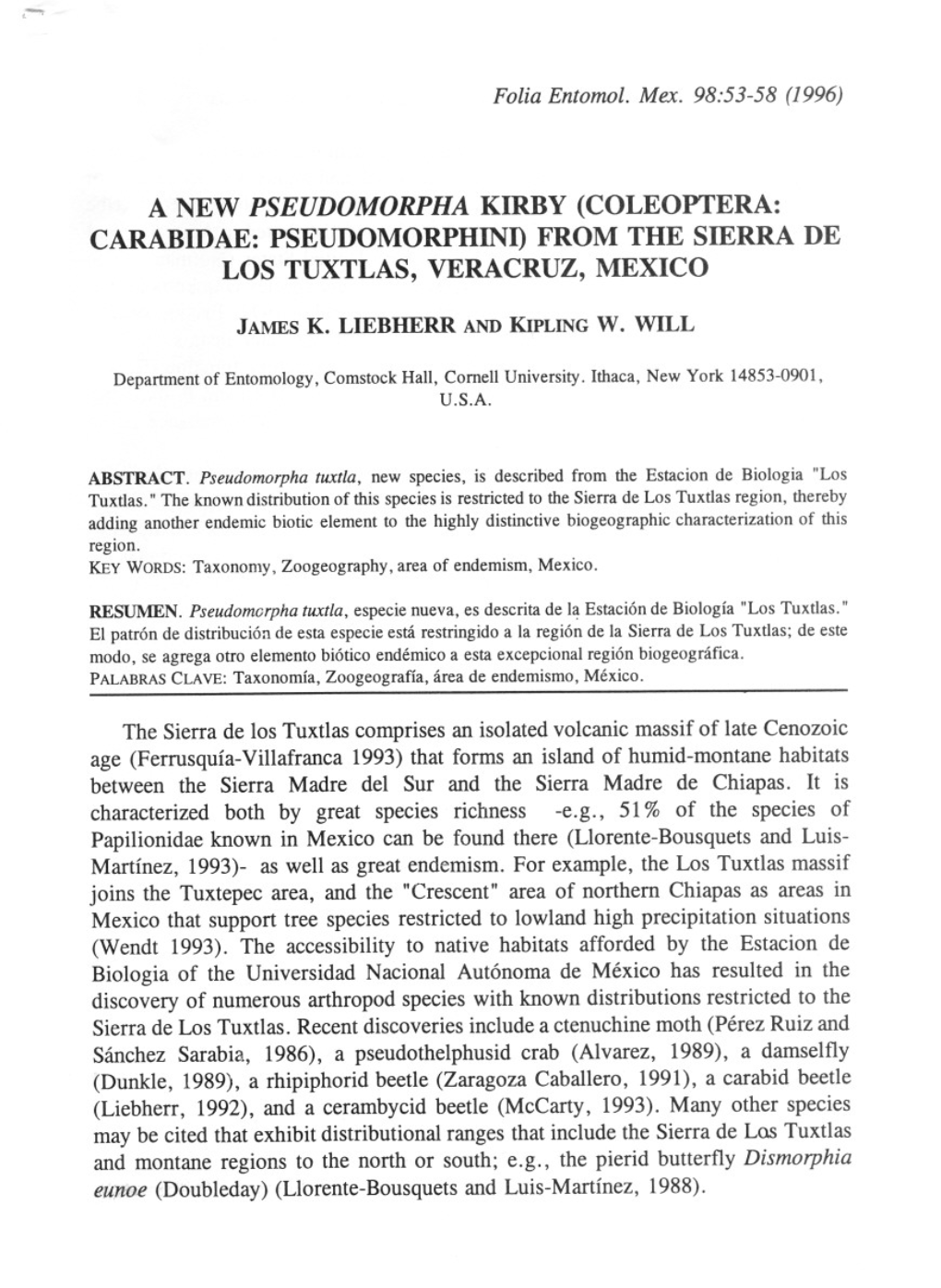 A New Pseudomorpha Kirby (Coleoptera: Carabidae: Pseudomorphini)From the Sierra De Los Tuxtlas, Veracruz, Mexico