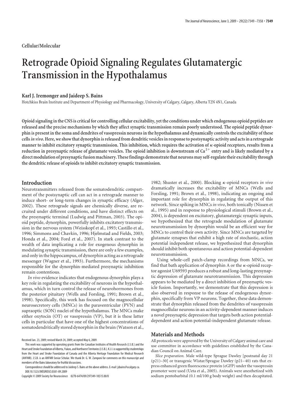 Retrograde Opioid Signaling Regulates Glutamatergic Transmission in the Hypothalamus