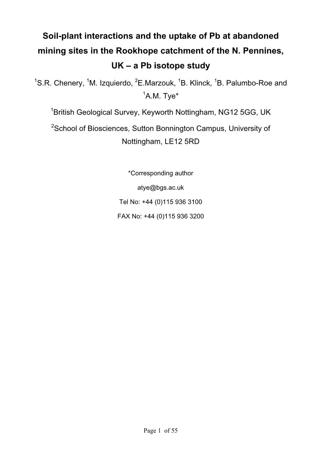 Soil-Plant Interactions and the Uptake of Pb at Abandoned Mining Sites in the Rookhope Catchment of the N