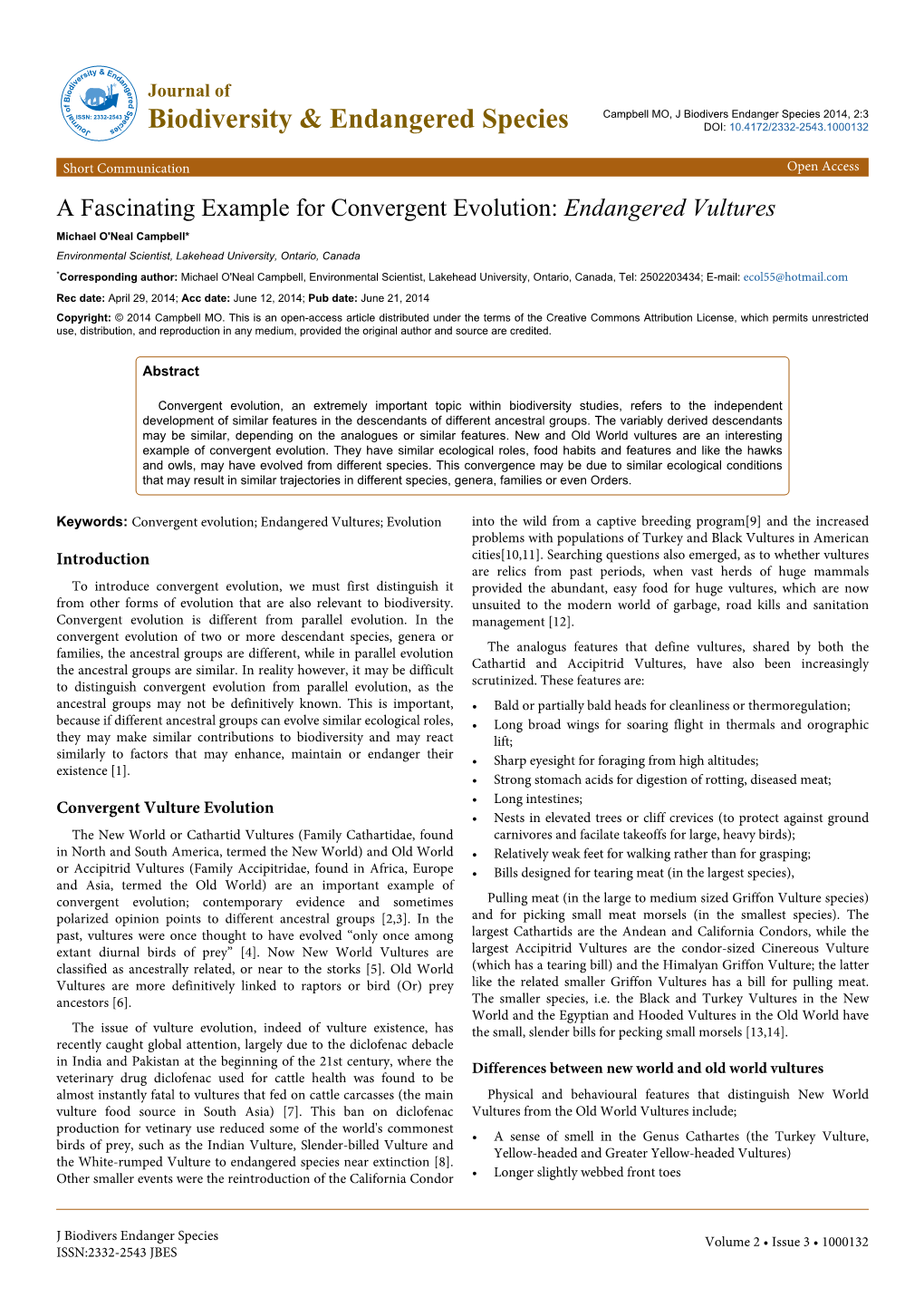 A Fascinating Example for Convergent Evolution: Endangered Vultures