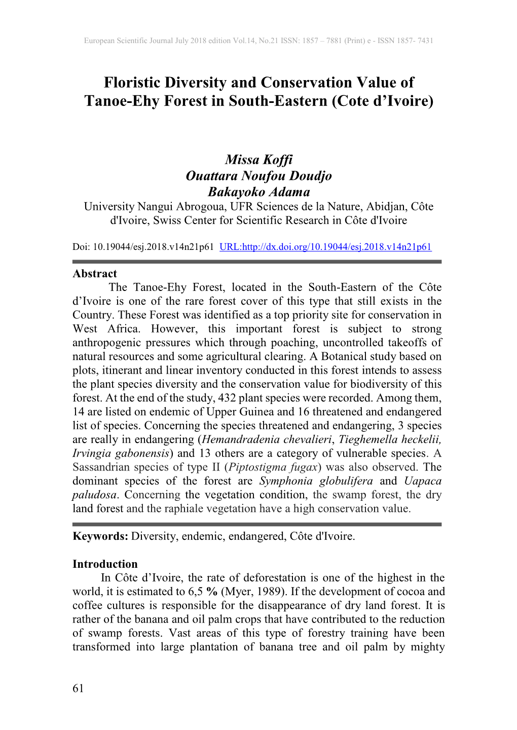 Floristic Diversity and Conservation Value of Tanoe-Ehy Forest in South-Eastern (Cote D’Ivoire)