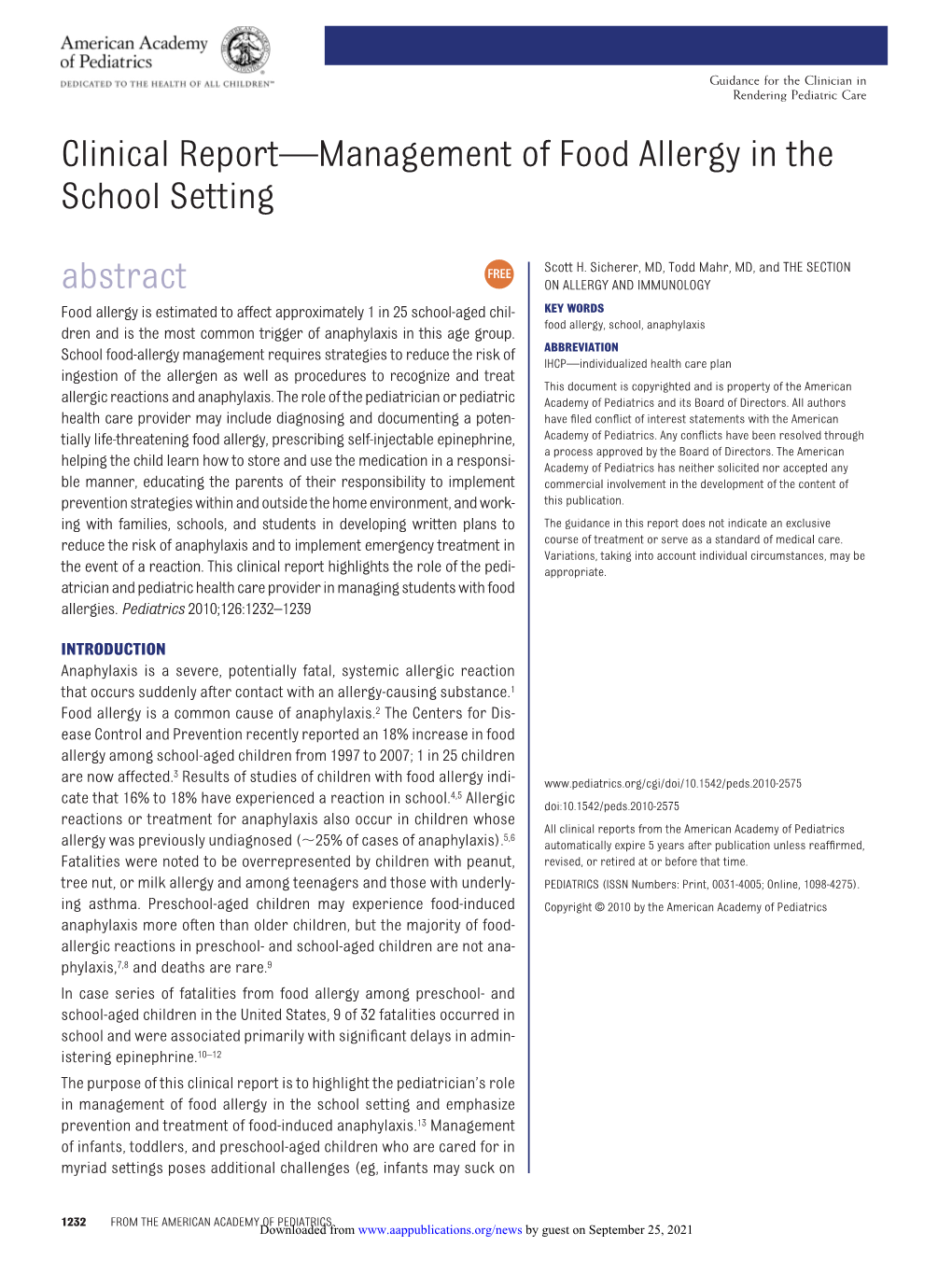 Clinical Report—Management of Food Allergy in the School Setting Abstract