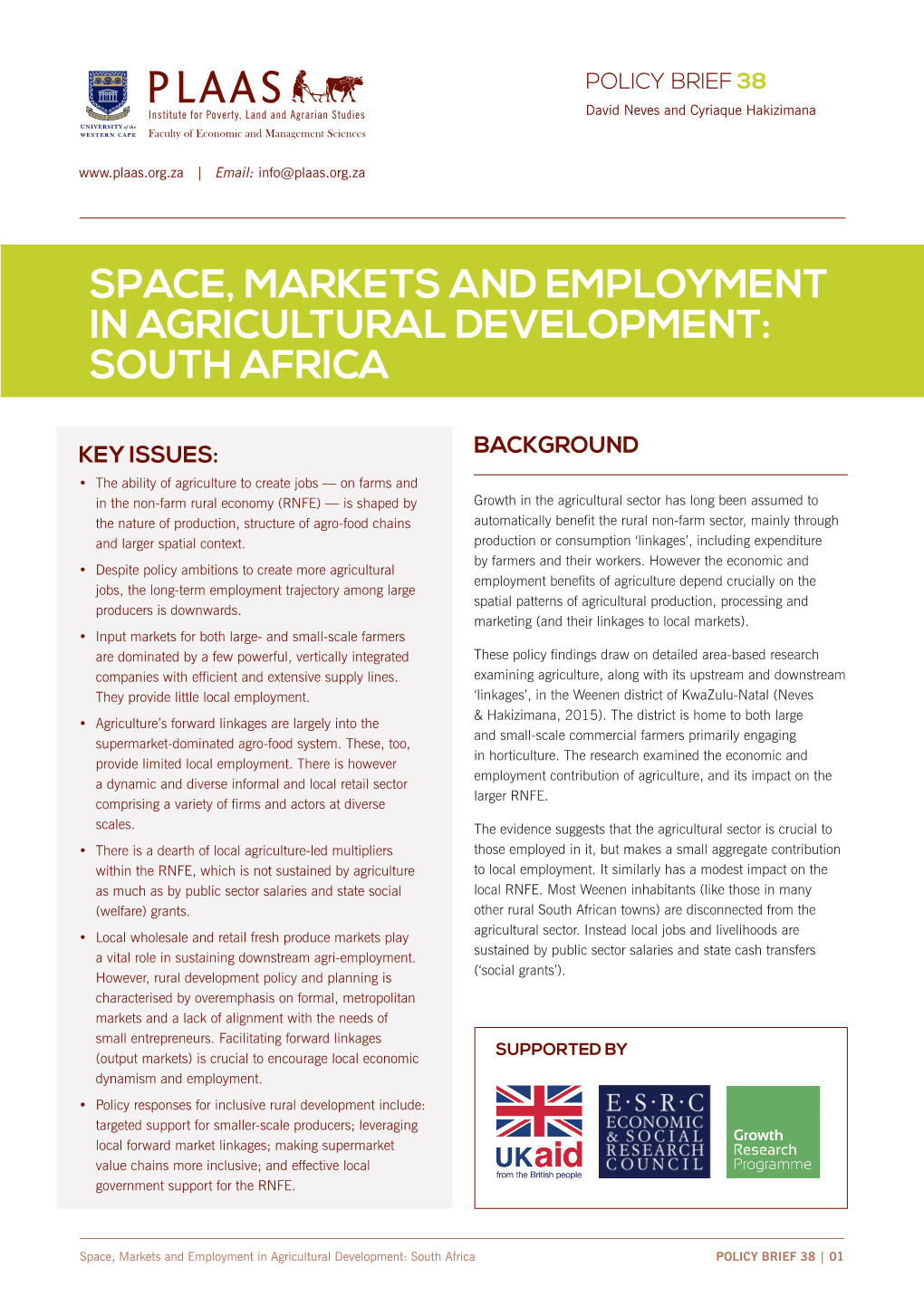 Space, Markets and Employment in Agricultural Development: South Africa