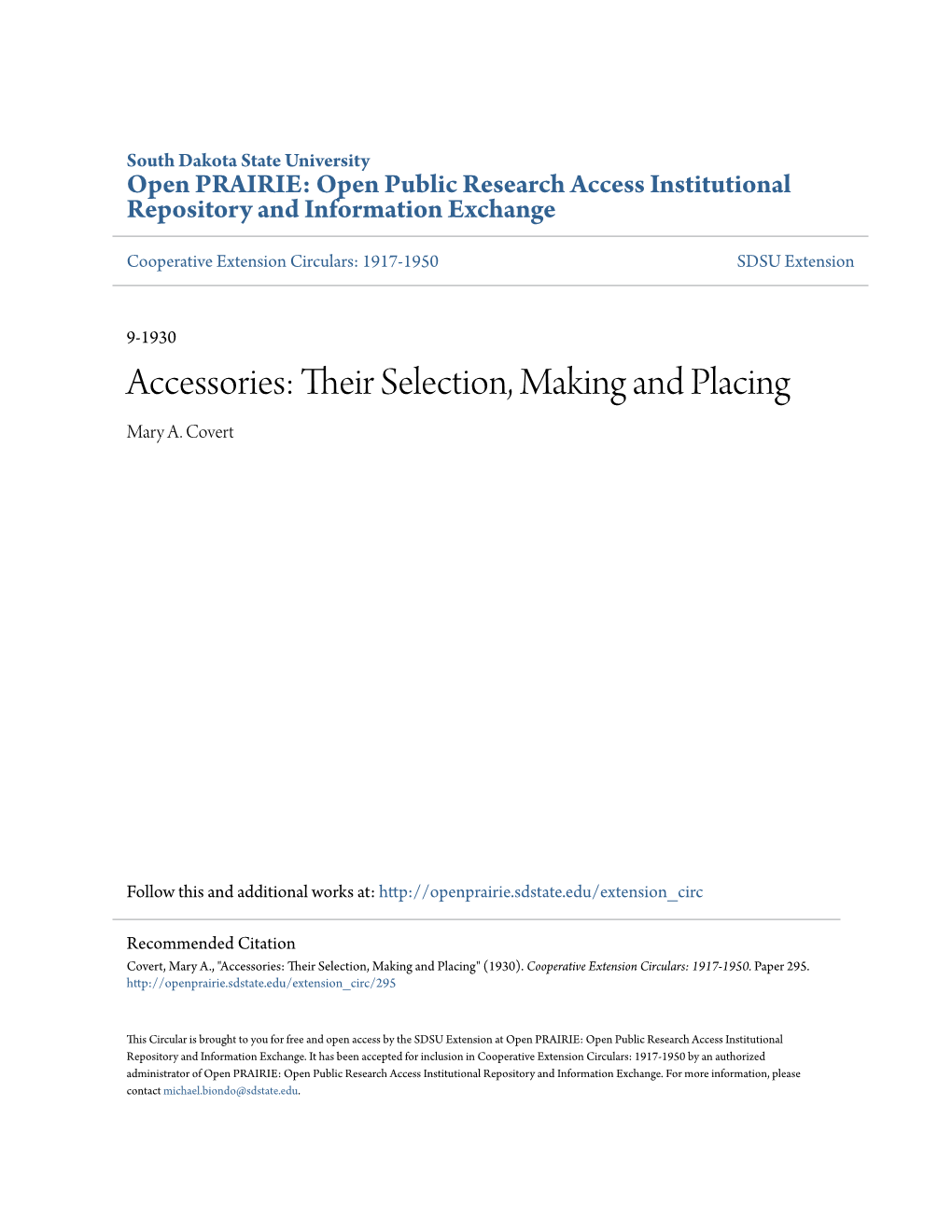 Accessories: Their Selection, Making and Placing