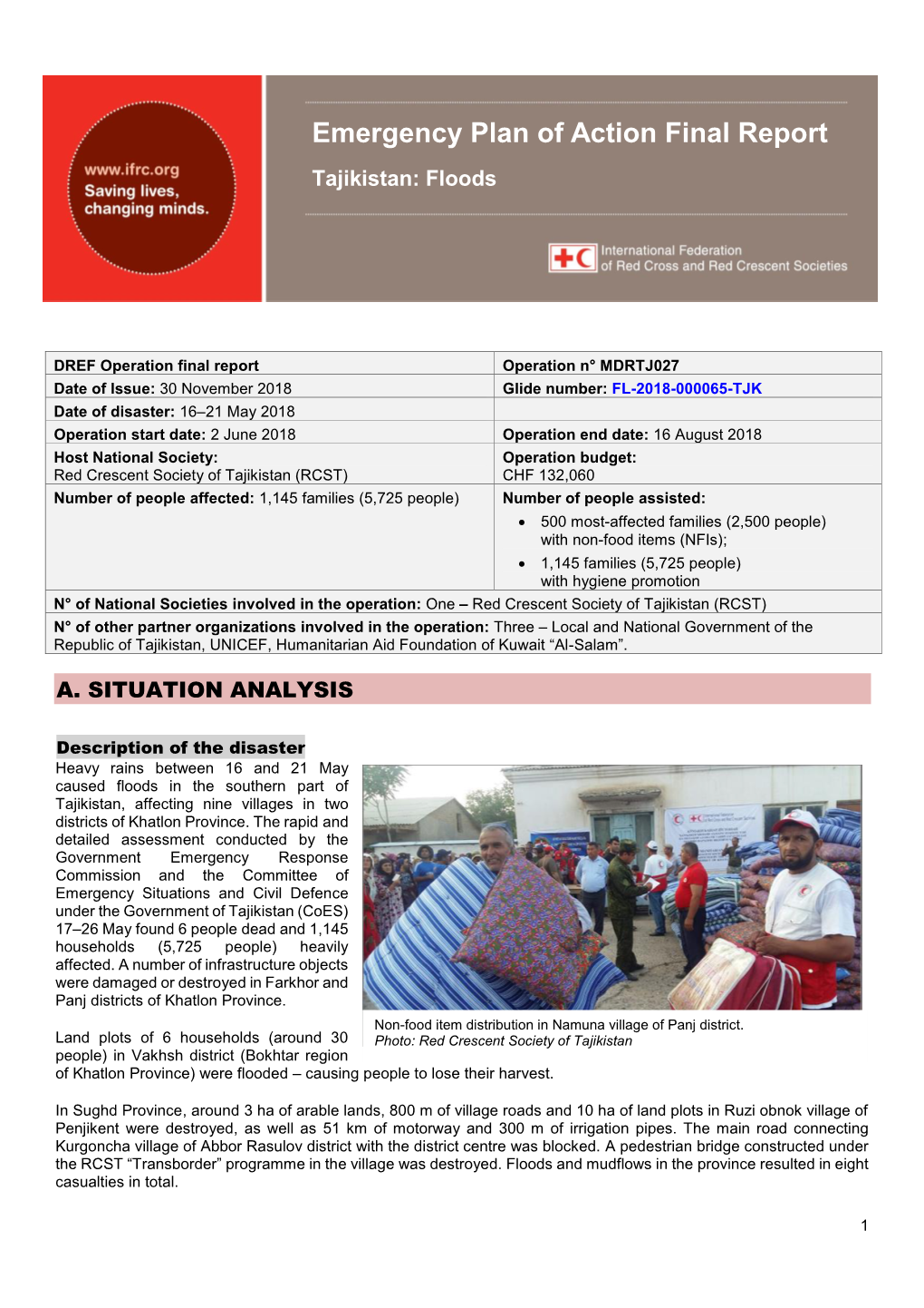 Emergency Plan of Action Final Report Tajikistan: Floods