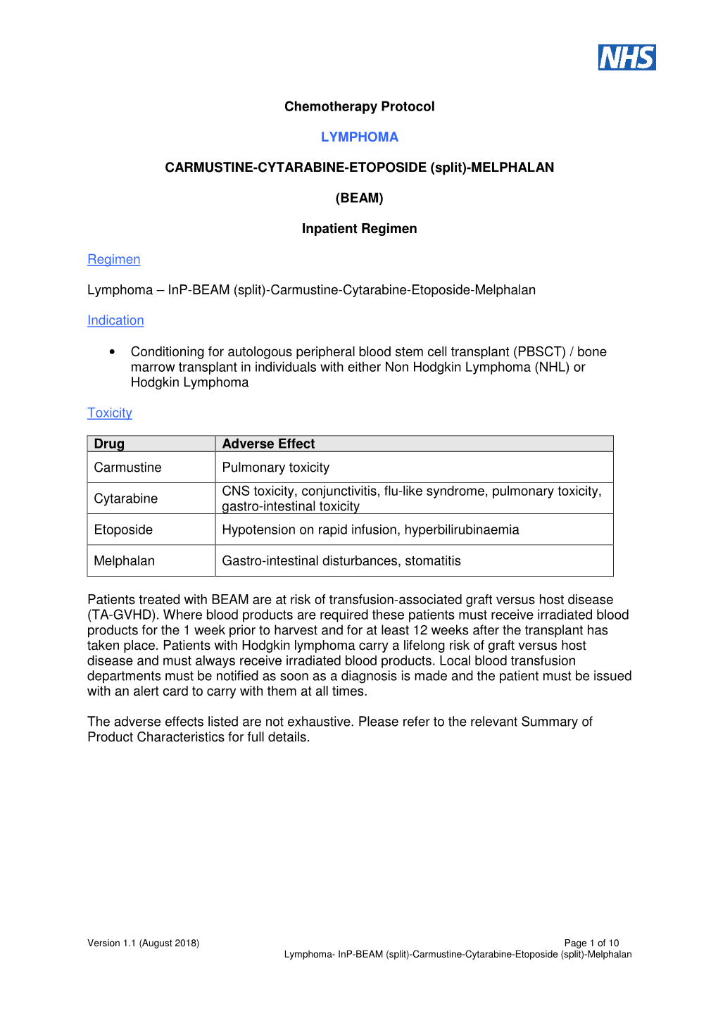 Chemotherapy Protocol LYMPHOMA CARMUSTINE-CYTARABINE-ETOPOSIDE (Split)-MELPHALAN (BEAM) Inpatient Regimen Regimen Lymphoma