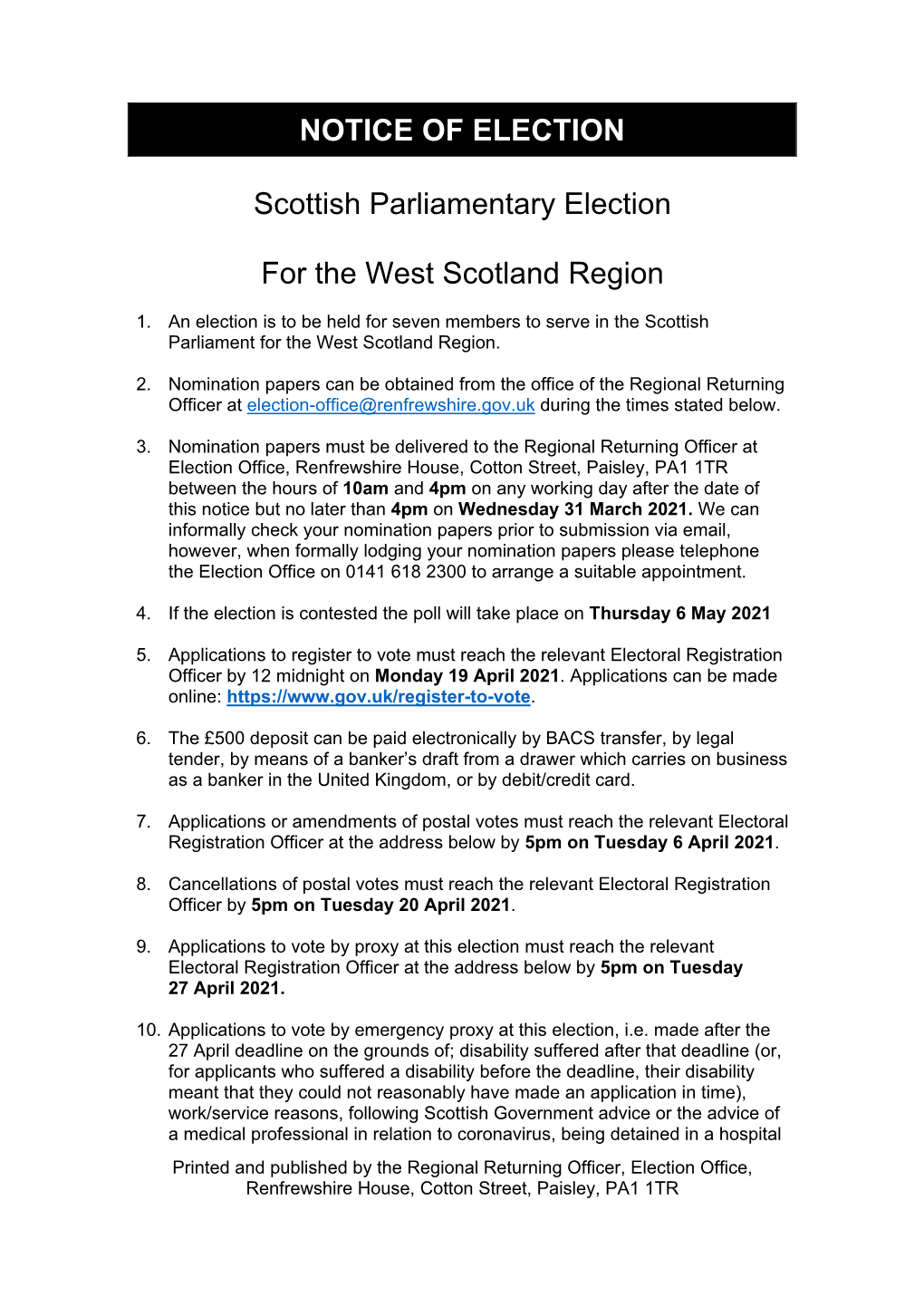 Scottish Parliamentary Election for the West Scotland Region NOTICE