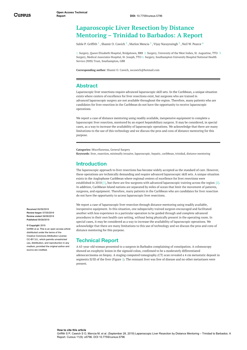 Laparoscopic Liver Resection by Distance Mentoring – Trinidad to Barbados: a Report