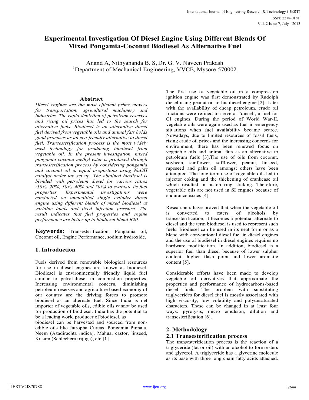 Experimental Investigation of Diesel Engine Using Different Blends of Mixed Pongamia-Coconut Biodiesel As Alternative Fuel