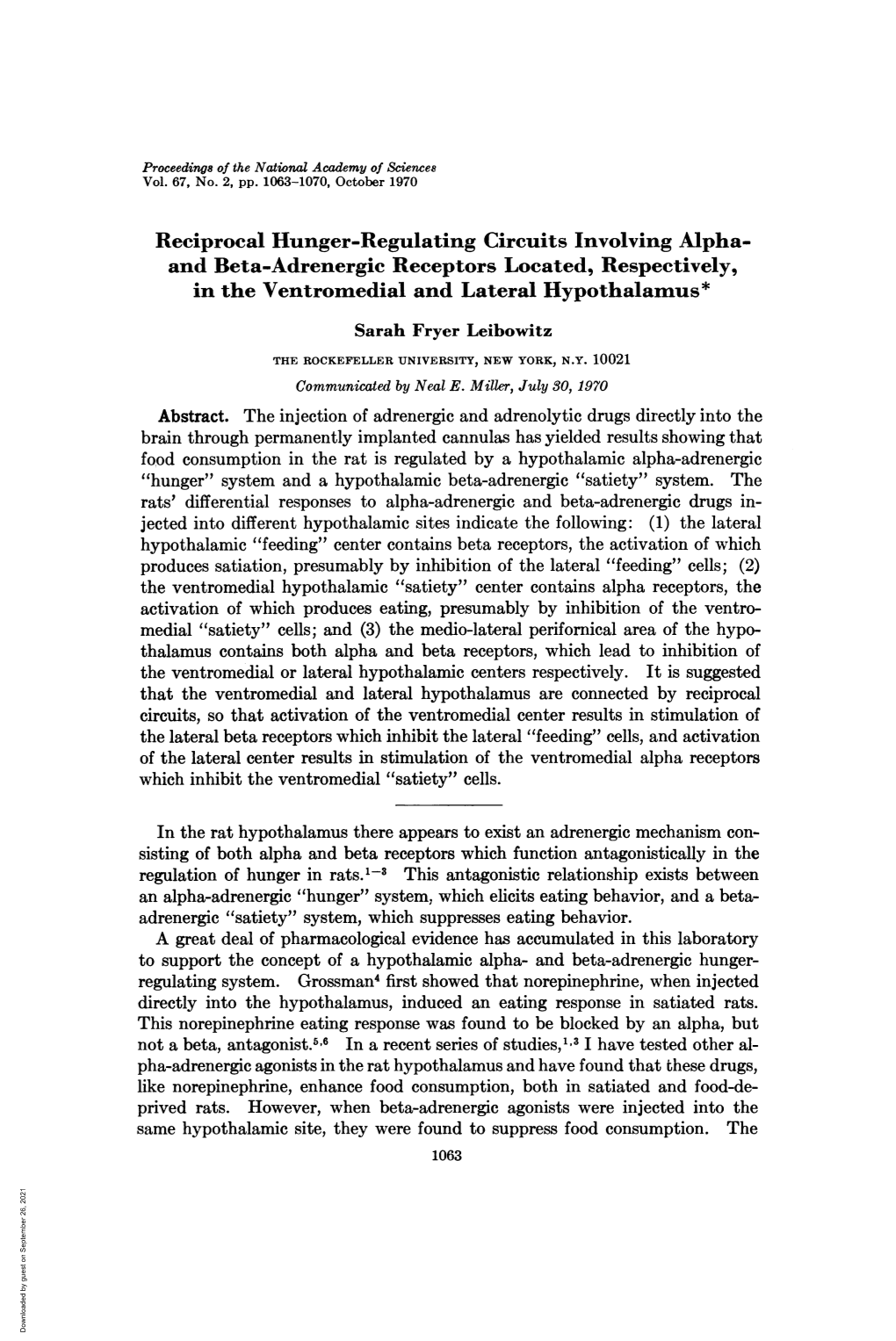 And Beta-Adrenergic Receptors Located, Respectively, in the Ventromedial and Lateral Hypothalamus* Sarah Fryer Leibowitz