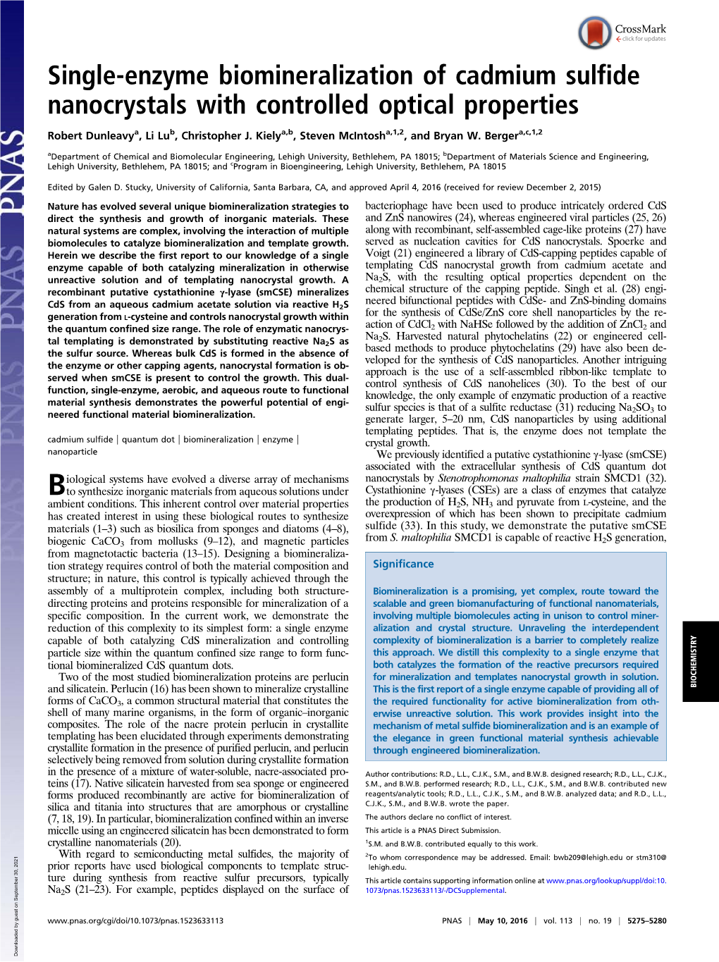 Single-Enzyme Biomineralization of Cadmium Sulfide Nanocrystals with Controlled Optical Properties