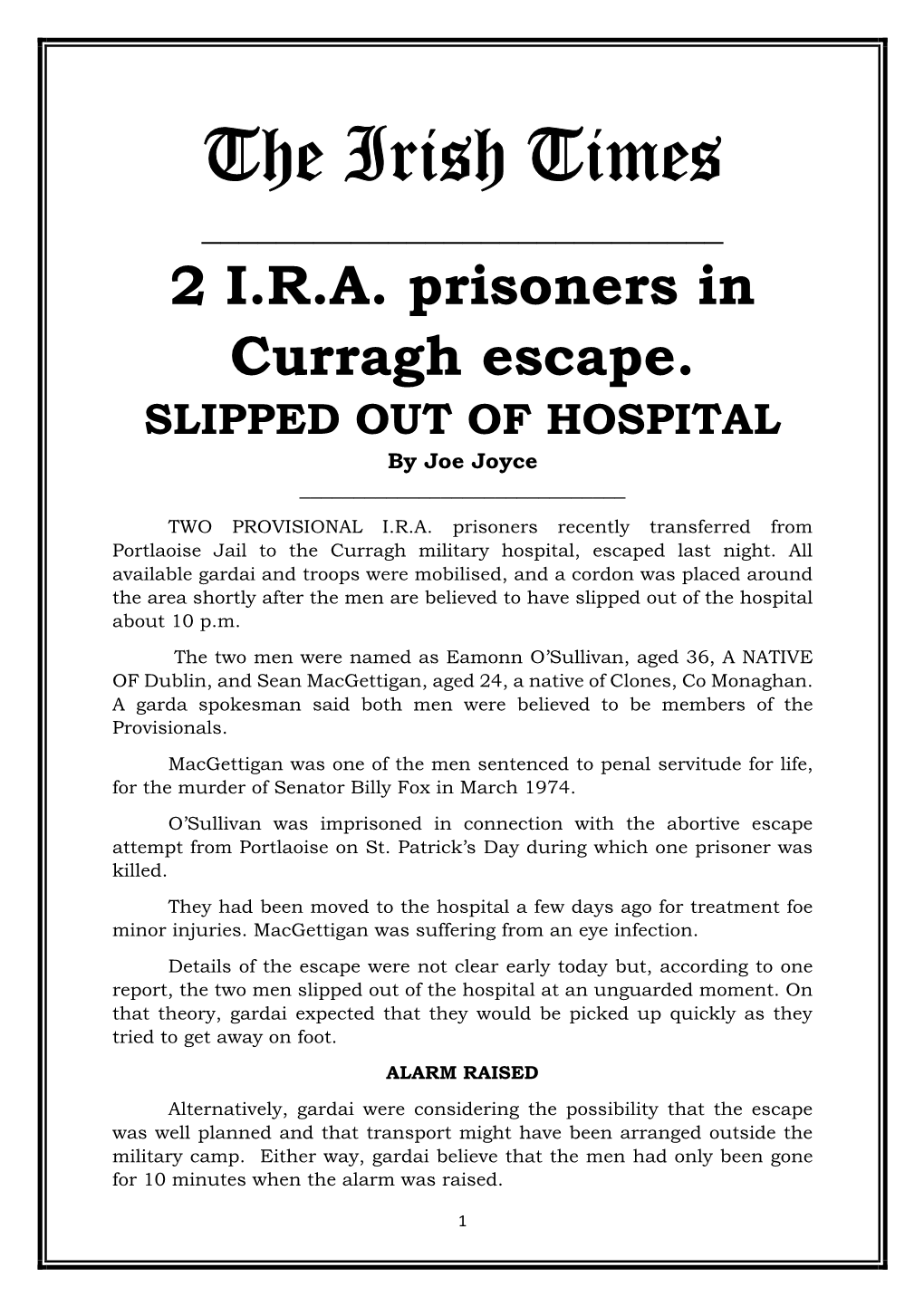 2 IRA Prisoners in Curragh Escape