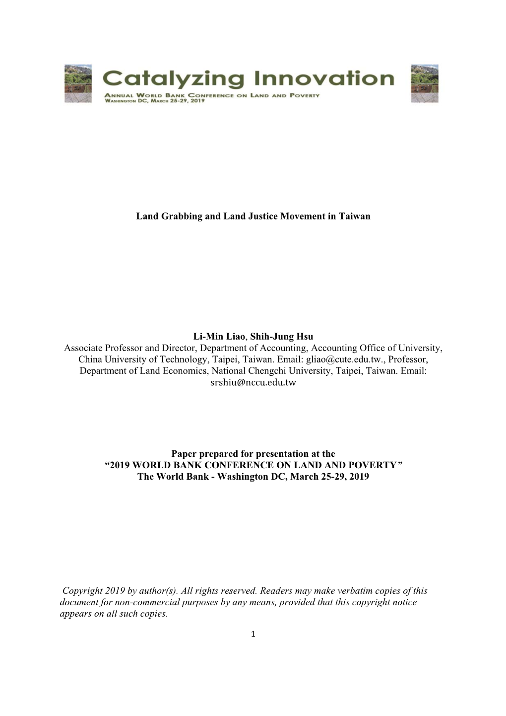 Land Grabbing and Land Justice Movement in Taiwan Li-Min Liao, Shih-Jung Hsu Associate Professor and Director, Department Of