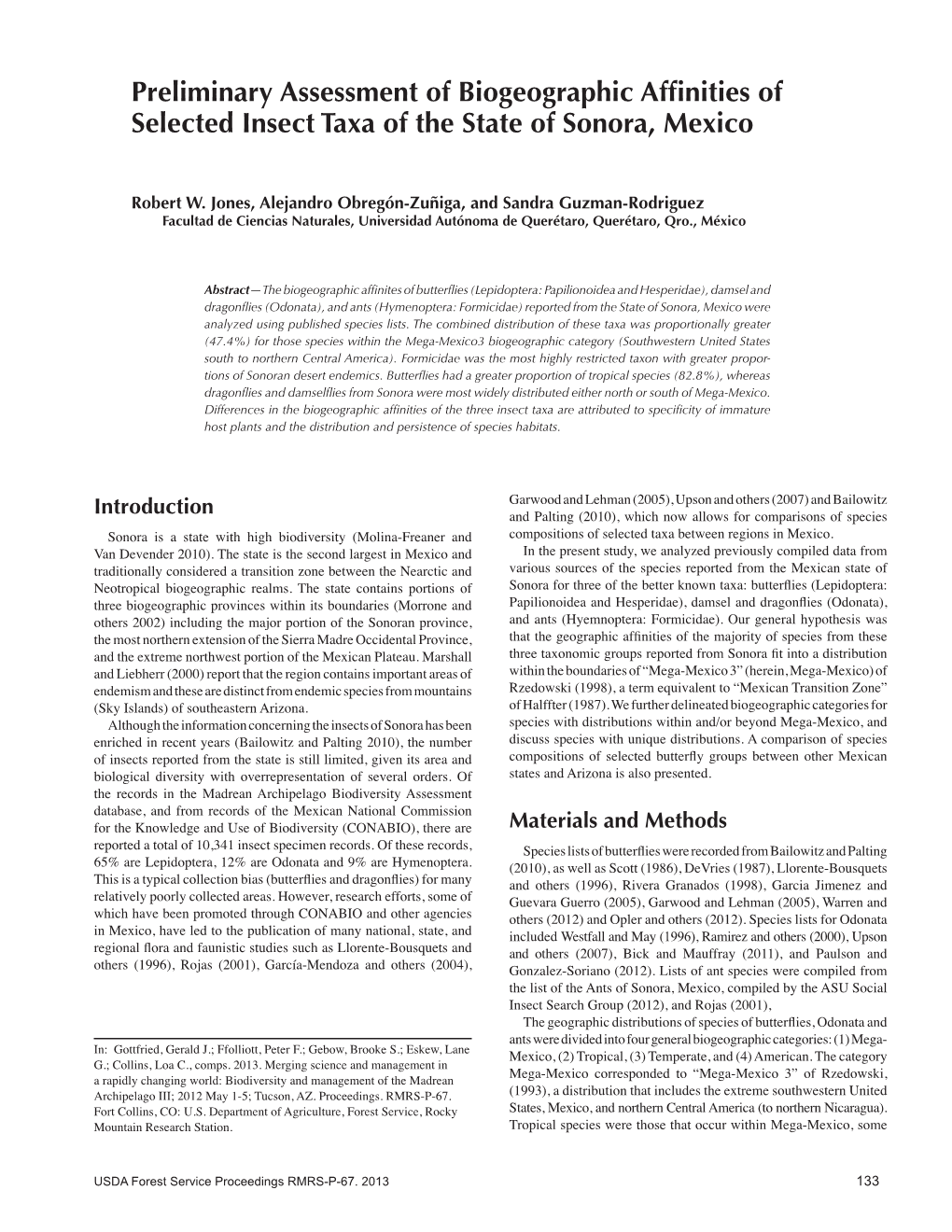 Preliminary Assessment of Biogeographic Affinities of Selected Insect Taxa of the State of Sonora, Mexico