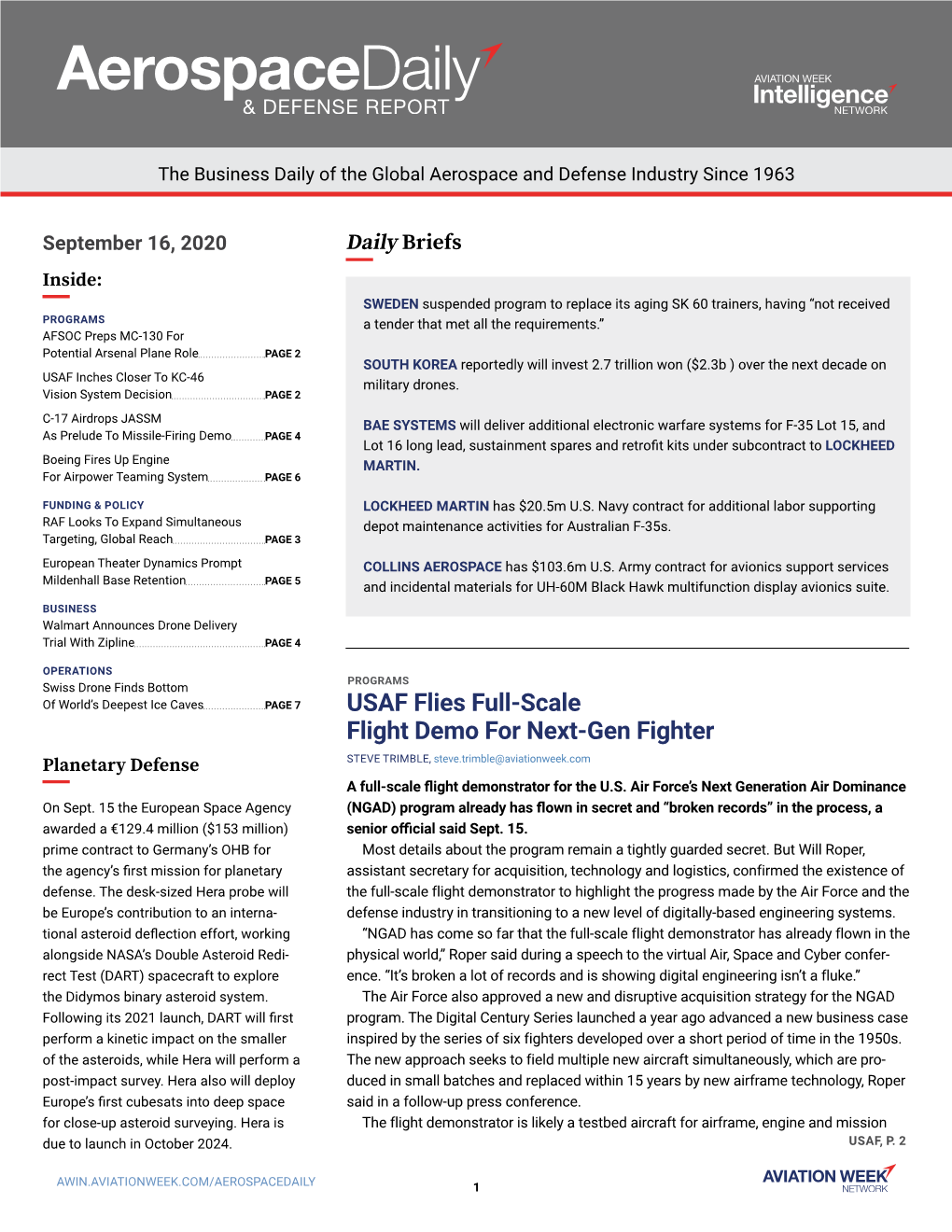 Aviation Week Aerospace Daily & Defense Report, Wednesday