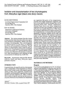 Isolation and Characterisation of Two Chymotrypsins from Allocyttus Niger (Black Oreo Dory) Viscera