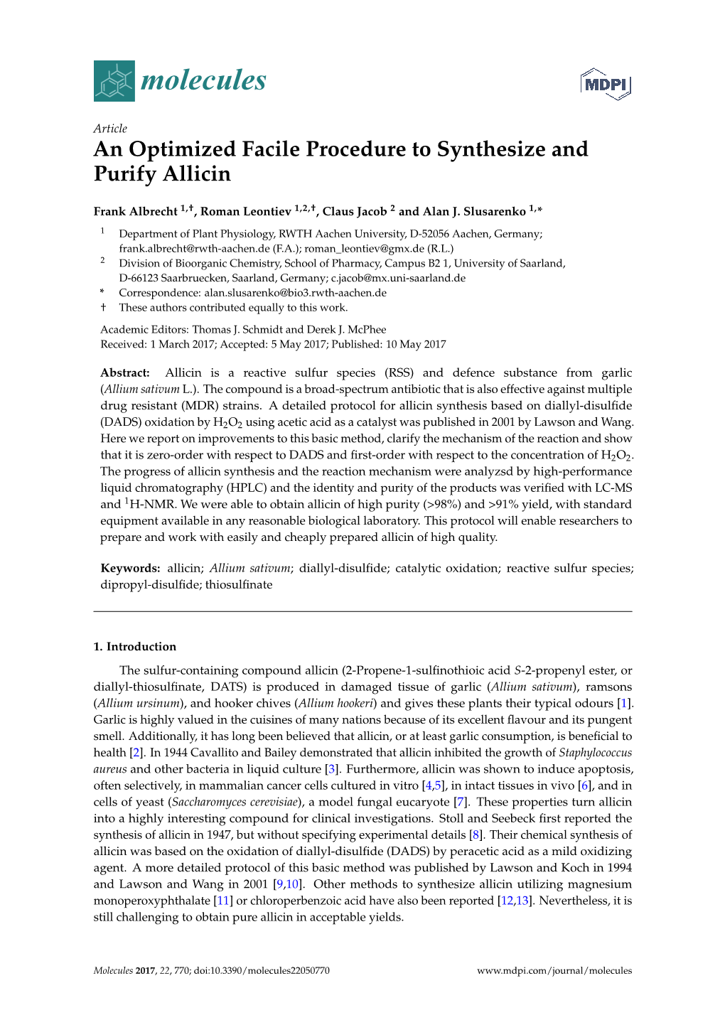 An Optimized Facile Procedure to Synthesize and Purify Allicin