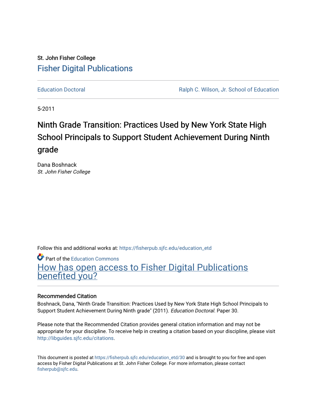 Ninth Grade Transition: Practices Used by New York State High School Principals to Support Student Achievement During Ninth Grade