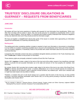 Trustees' Disclosure Obligations in Guernsey – Requests from Beneficiaries