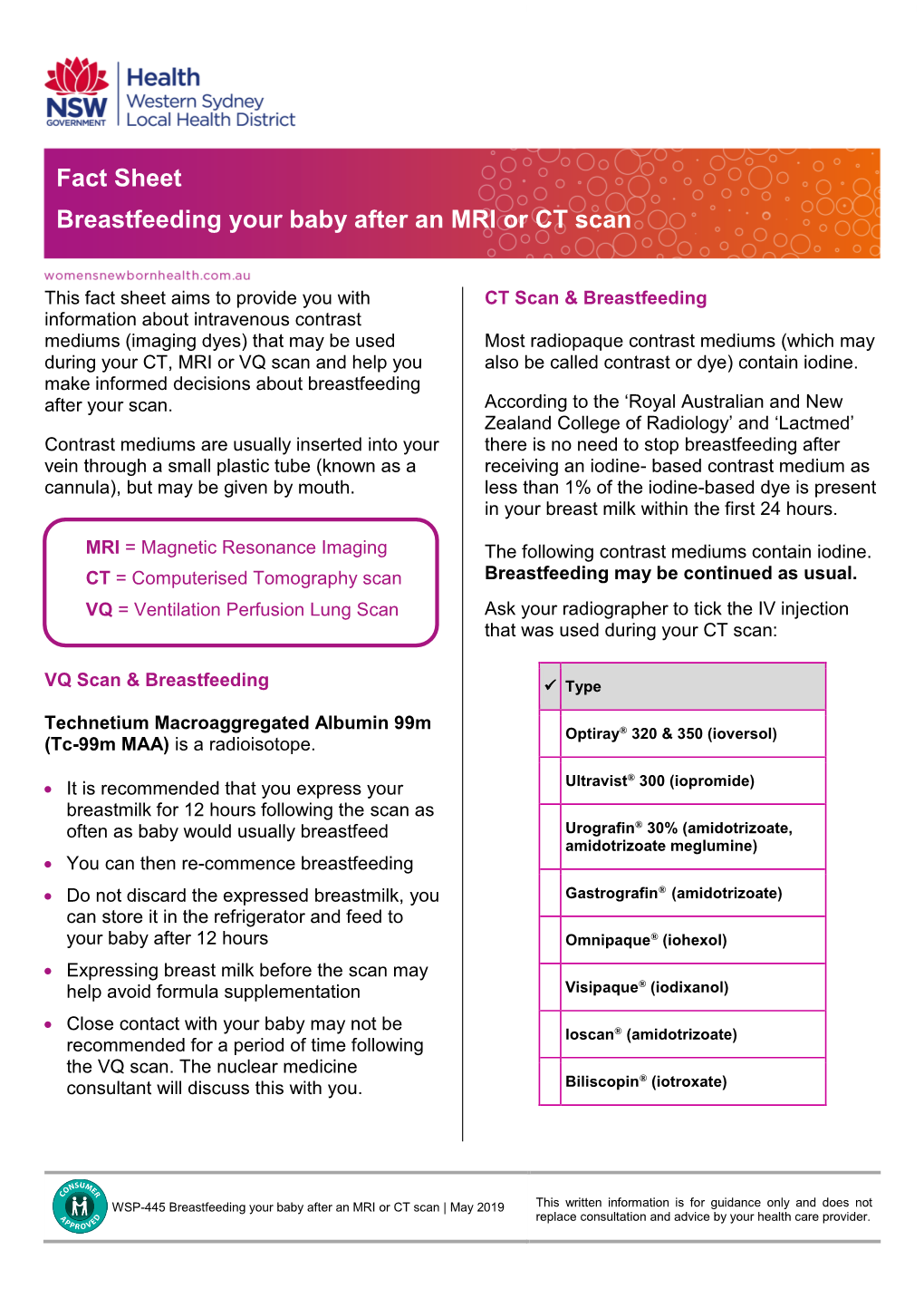 Fact Sheet Breastfeeding Your Baby After an MRI Or CT Scan