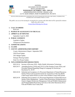 Agenda Ozaukee County Board Regular Meeting Wednesday, October 7, 2020 – 9:00 Am Administration Center - Room A-204 121 W