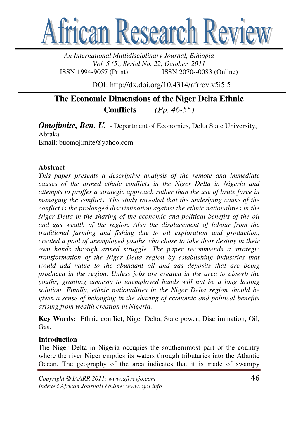 The Economic Dimensions of the Niger Delta Ethnic Conflicts (Pp. 46-55)