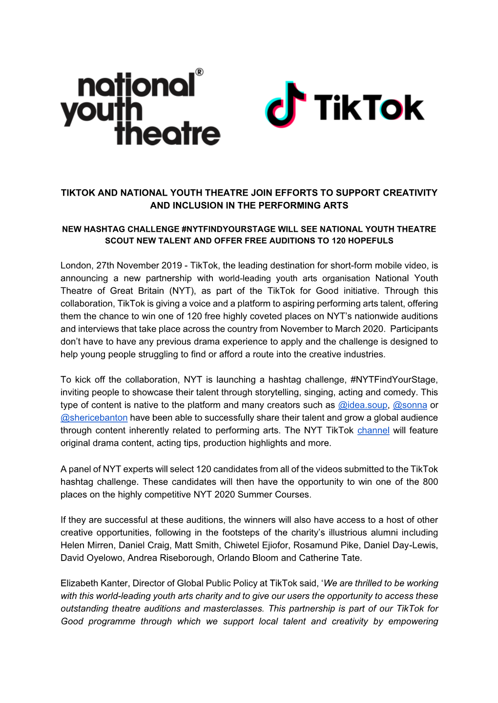 Tiktok and National Youth Theatre Join Efforts to Support Creativity and Inclusion in the Performing Arts