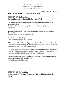 Friday, January 9, 2015 AIA PAPER SESSION 1 (8:00 – 10:30 AM)