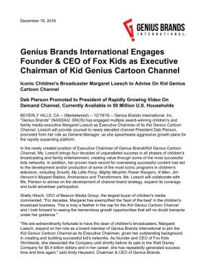 Genius Brands International Engages Founder & CEO of Fox Kids