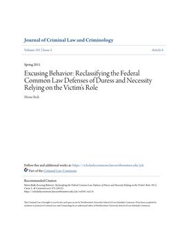Excusing Behavior: Reclassifying the Federal Common Law Defenses of Duress and Necessity Relying on the Victimâ•Žs Role