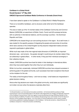 Caribbean in a Global World Ronald Sanders 1 14 Th May 2009 UNESCO Sponsored Caribbean Media Conference in Grenada (Grand Anse)