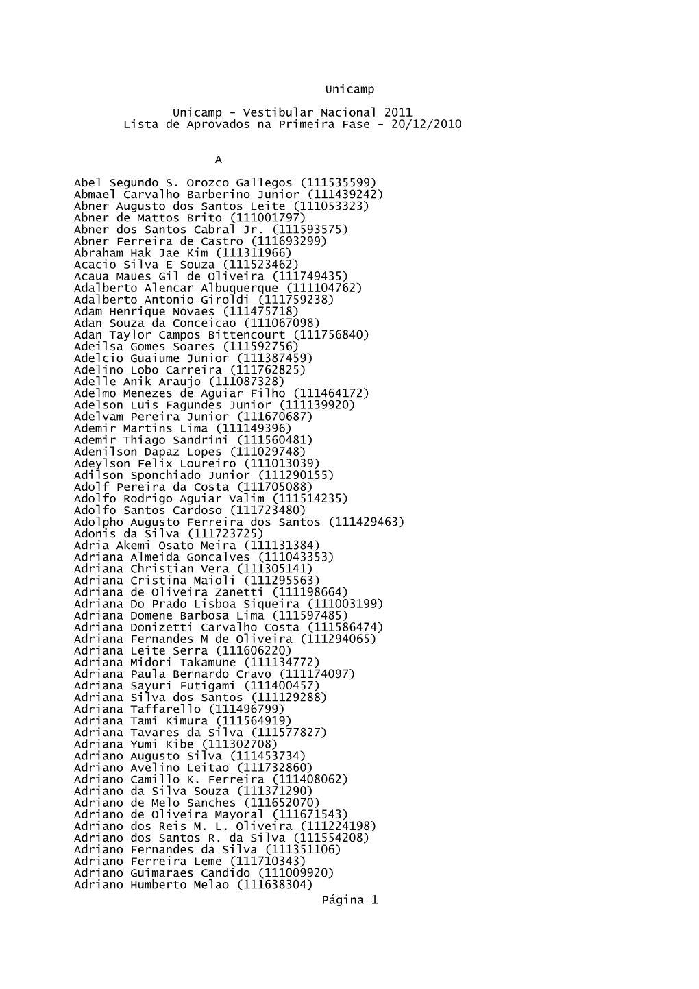 Unicamp Unicamp - Vestibular Nacional 2011 Lista De Aprovados Na Primeira Fase - 20/12/2010