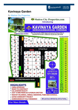 Kavinaya Garden by Madras City Properties Gerugambakkam Chennai Behind Arjun Garden Plots from 30.49 Lakhs Launch Date 14 Feb 2020 Expected Possession 31 Jul 2020