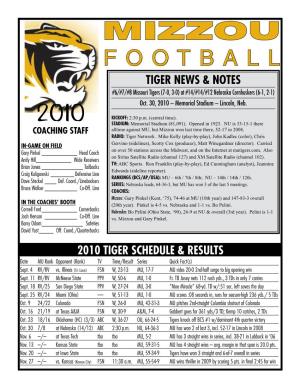 Tiger News & Notes 2010 Tiger Schedule & Results