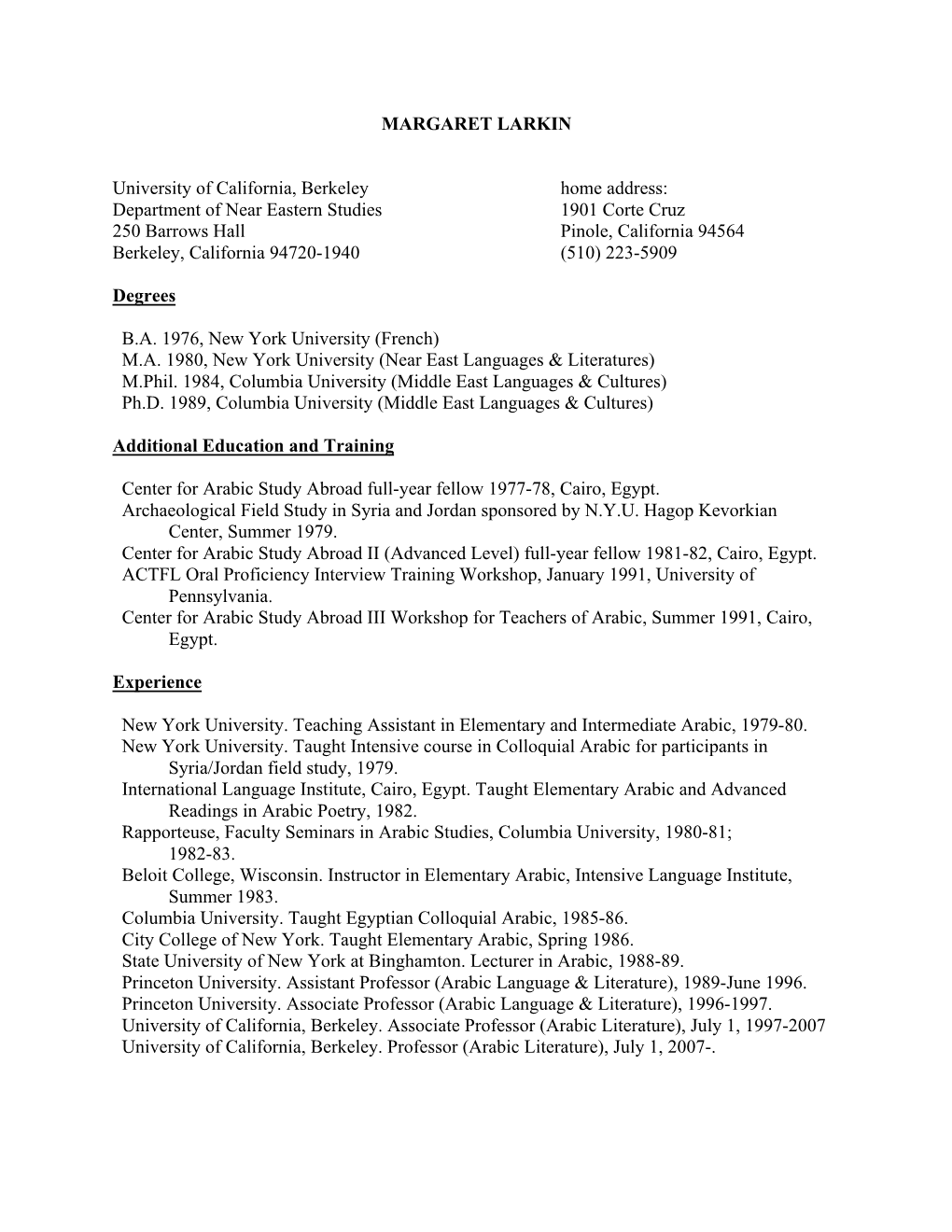 Margaret Larkin's CV