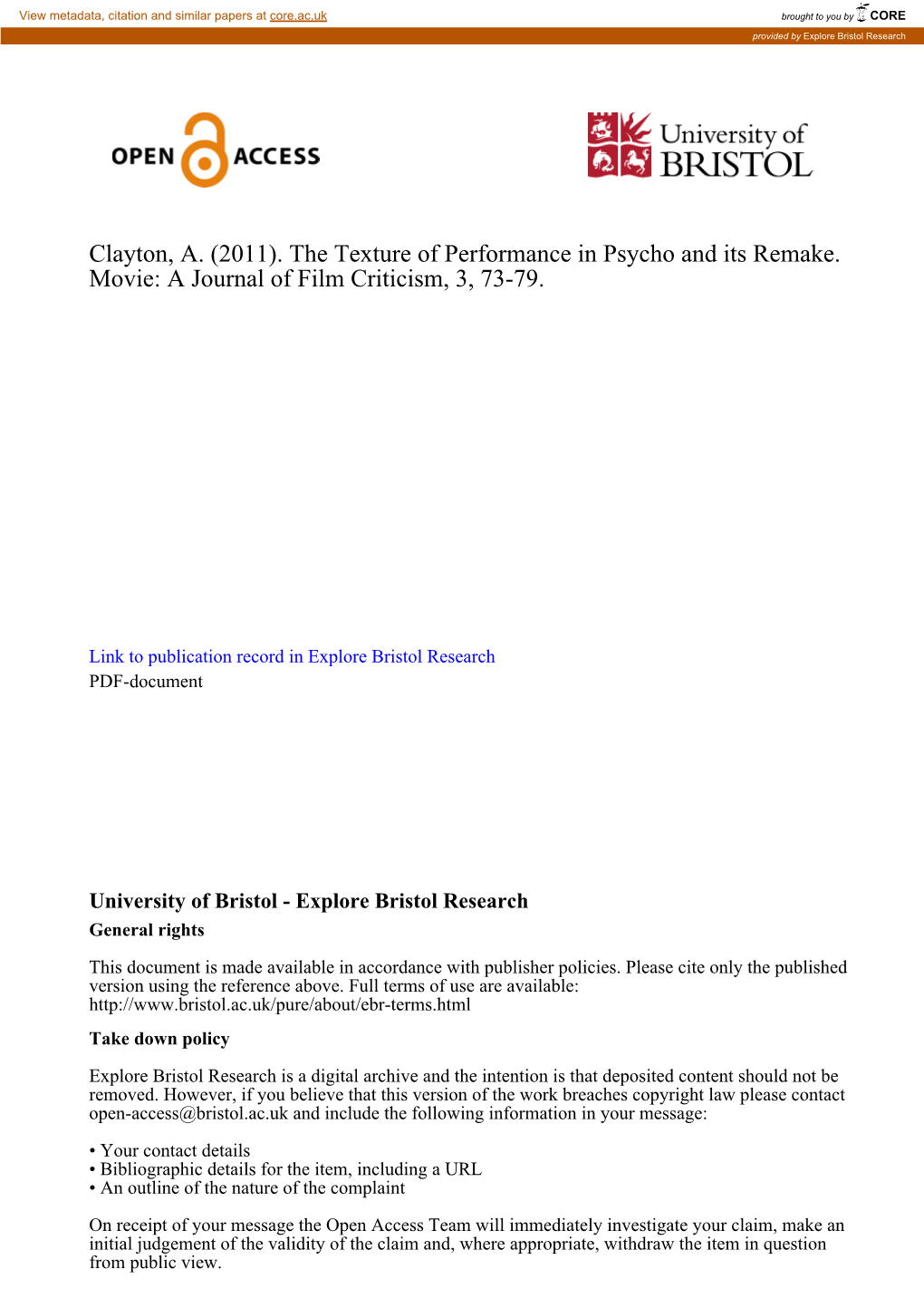 The Texture of Performance in Psycho and Its Remake. Movie: a Journal of Film Criticism, 3, 73-79