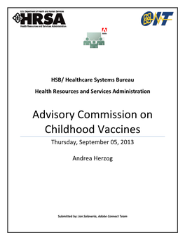 Advisory Commission on Childhood Vaccines Thursday, September 05, 2013