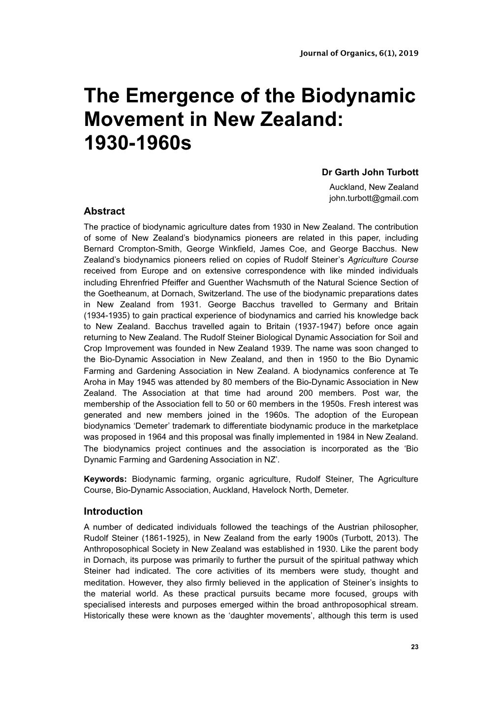 The Emergence of the Biodynamic Movement in New Zealand: 1930-1960S