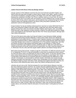 Critical Correspondence 9.11.2012 Judson Church & Its Dance Critics by George Jackson George Jackson's 2010 Reflection Exami